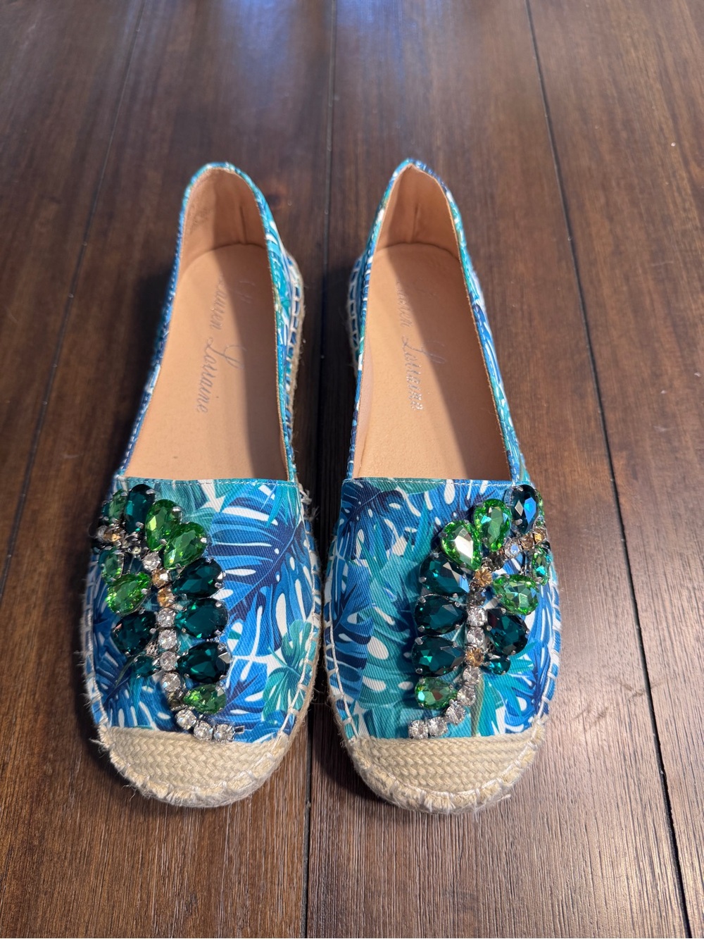 Lauren Lorraine Espadrille Flats Tropical Palm  Crystal Embellished Shoes 8 NIB - Picture 6 of 16